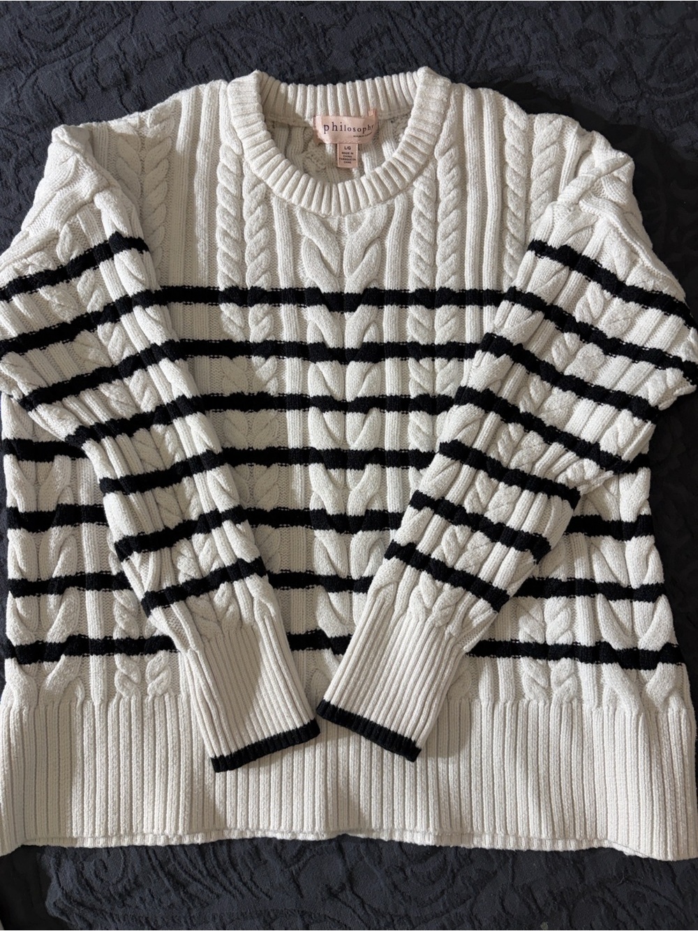 philosophy Cable Knit Stripe Sweater White and Black Stripes Viscose Blend Large